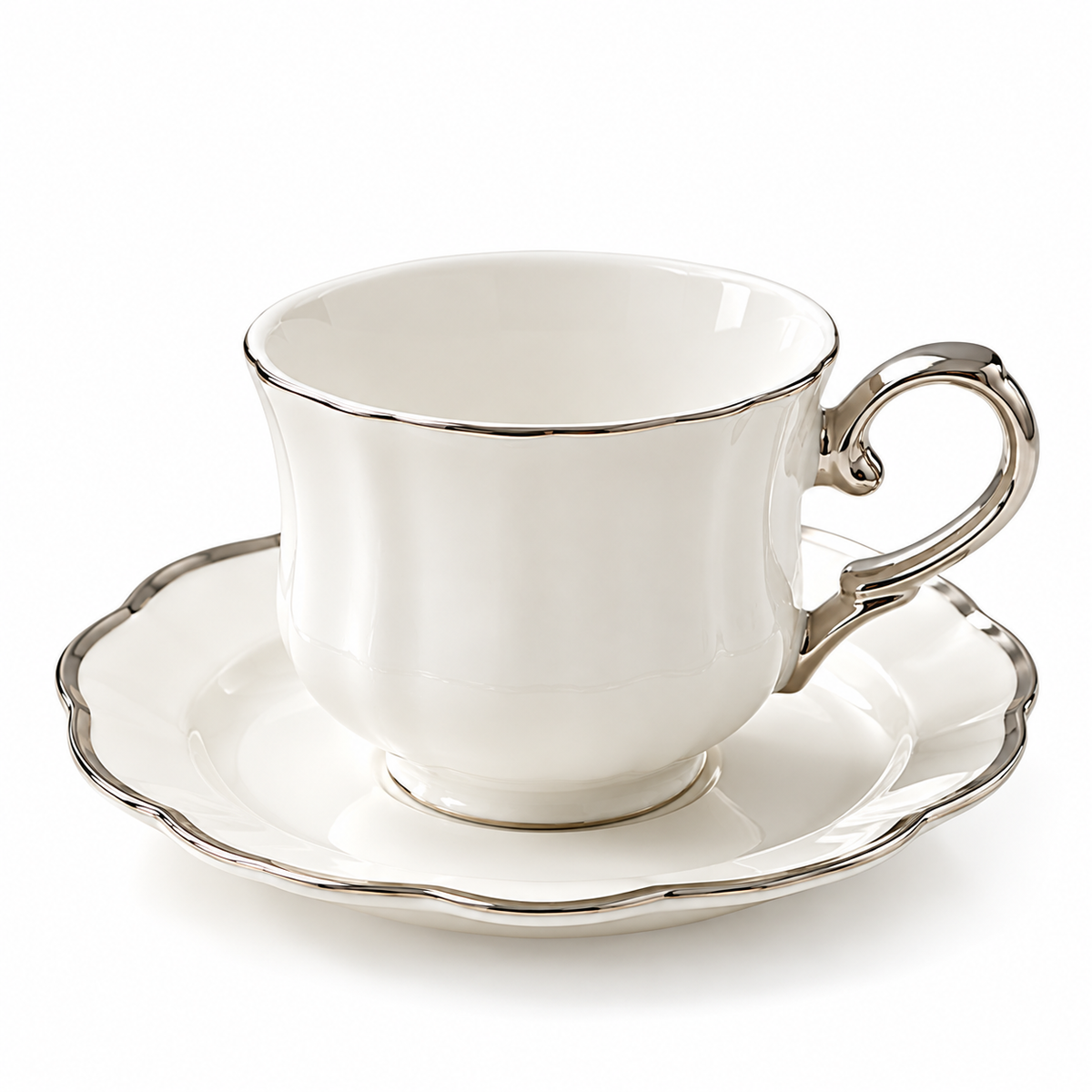 Elegant White Porcelain Coffee Cup Silver Trim P7