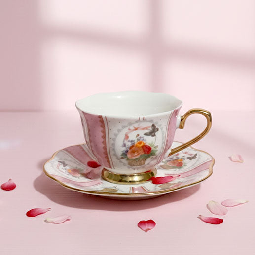 Pink Floral Basket & Gold Trim Coffee Cup 100 ml