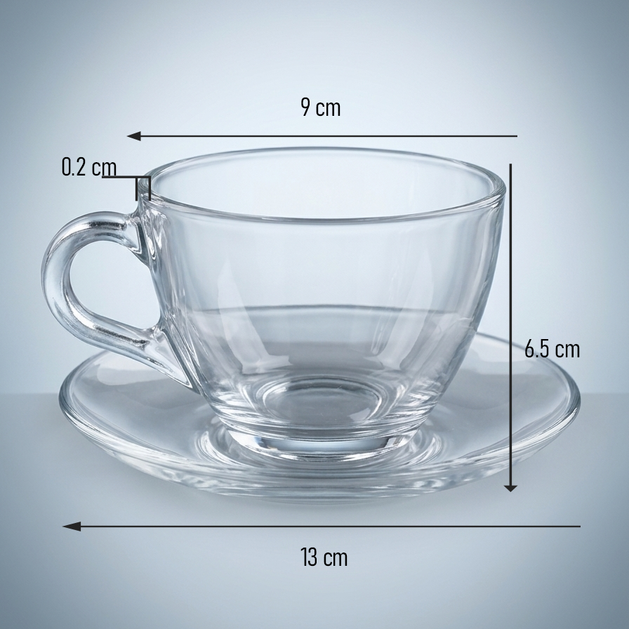 Wide Head Glass tea cup and saucer 200ml , 12pcs set