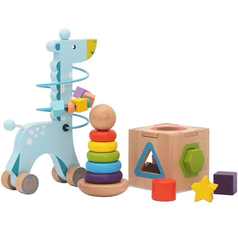 Blue Giraffe Beads with Matching Rainbow Stacking Set