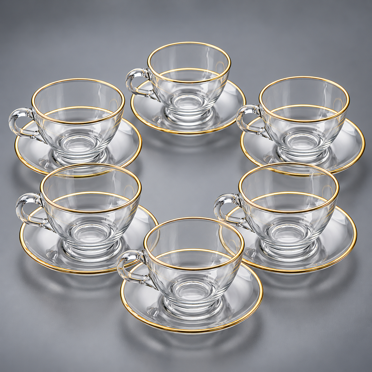 Wide Head Glass tea cup and saucer with gold stroke  200ml,  12 pcs set