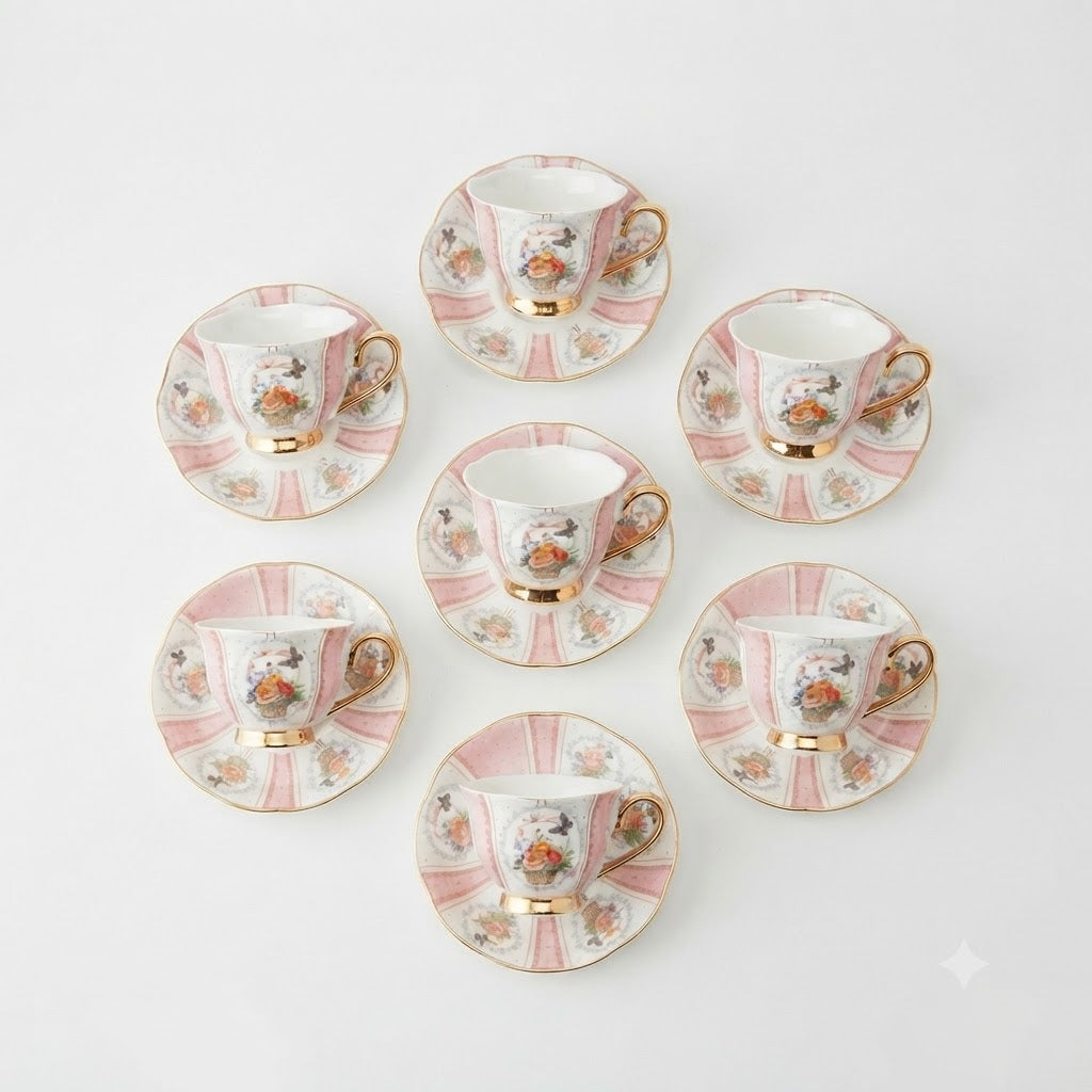 Pink Floral Basket & Gold Trim Coffee Cup 100 ml