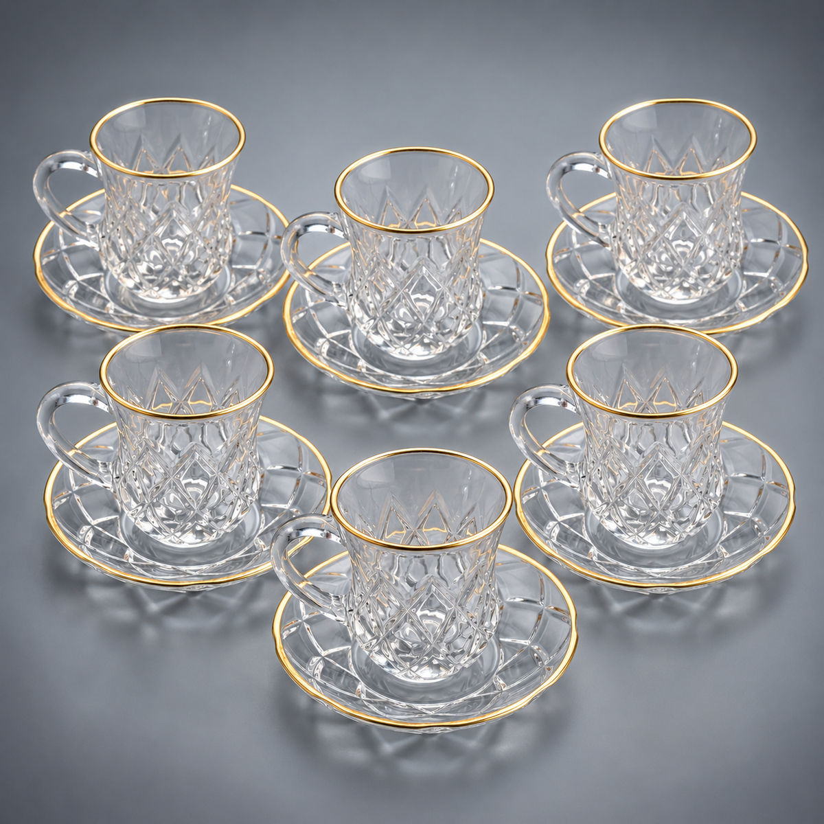 Glass tea cup and saucer with gold stroke 105 ml ,  12 pcs set