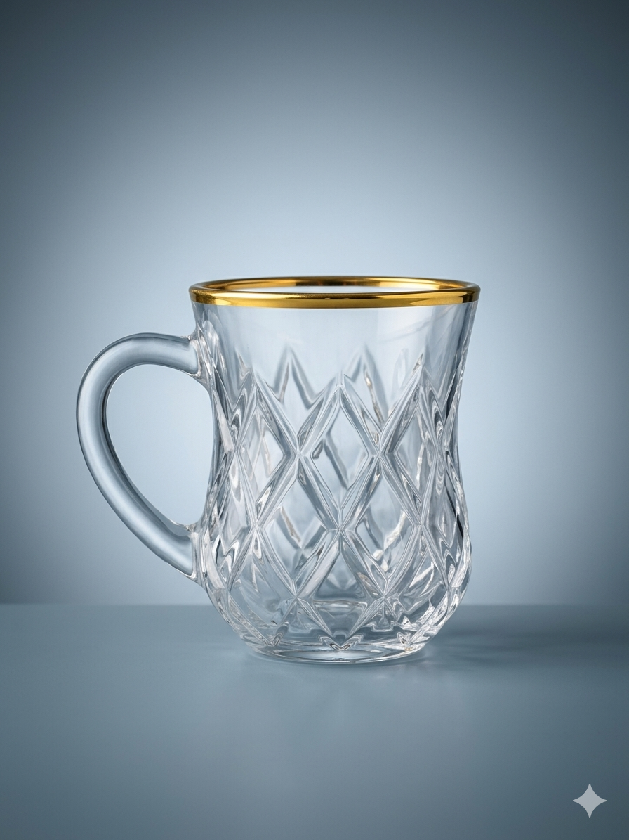 Glass tea cup and saucer with gold stroke 105 ml ,  12 pcs set