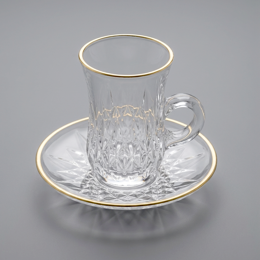Glass tea cup and saucer + gold stroke, 6 pcs set - P1