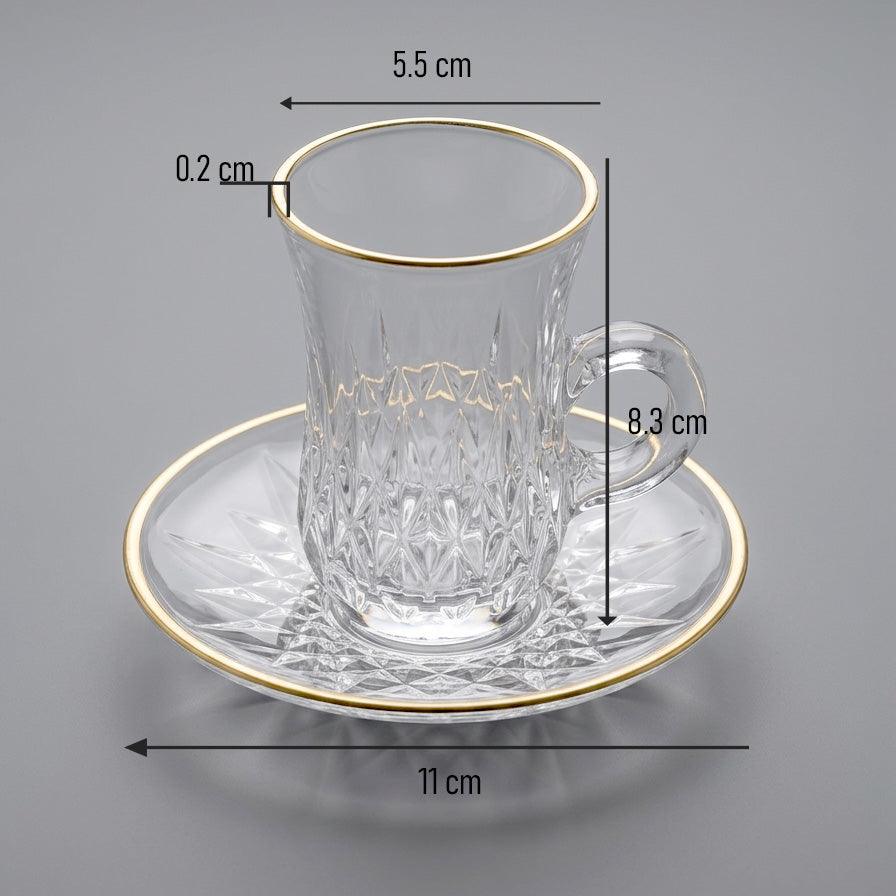 Glass tea cup and saucer + gold stroke, 6 pcs set - P1