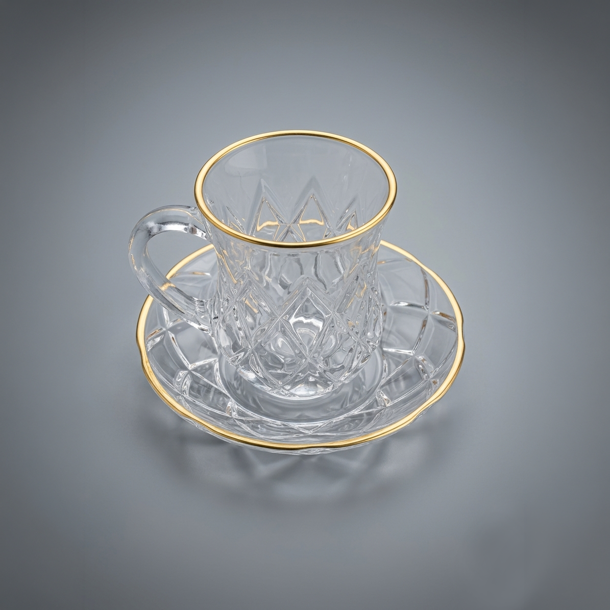 Glass tea cup and saucer with gold stroke 105 ml ,  12 pcs set