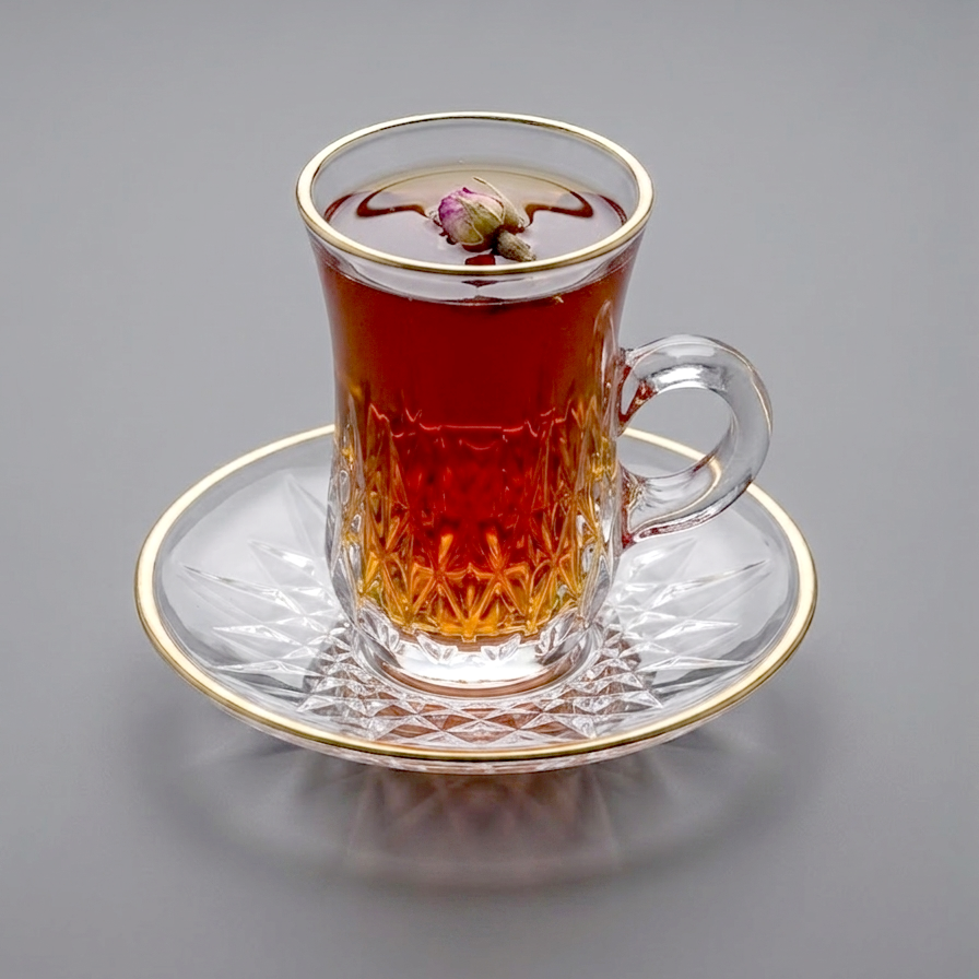 Glass tea cup and saucer + gold stroke, 6 pcs set - P1
