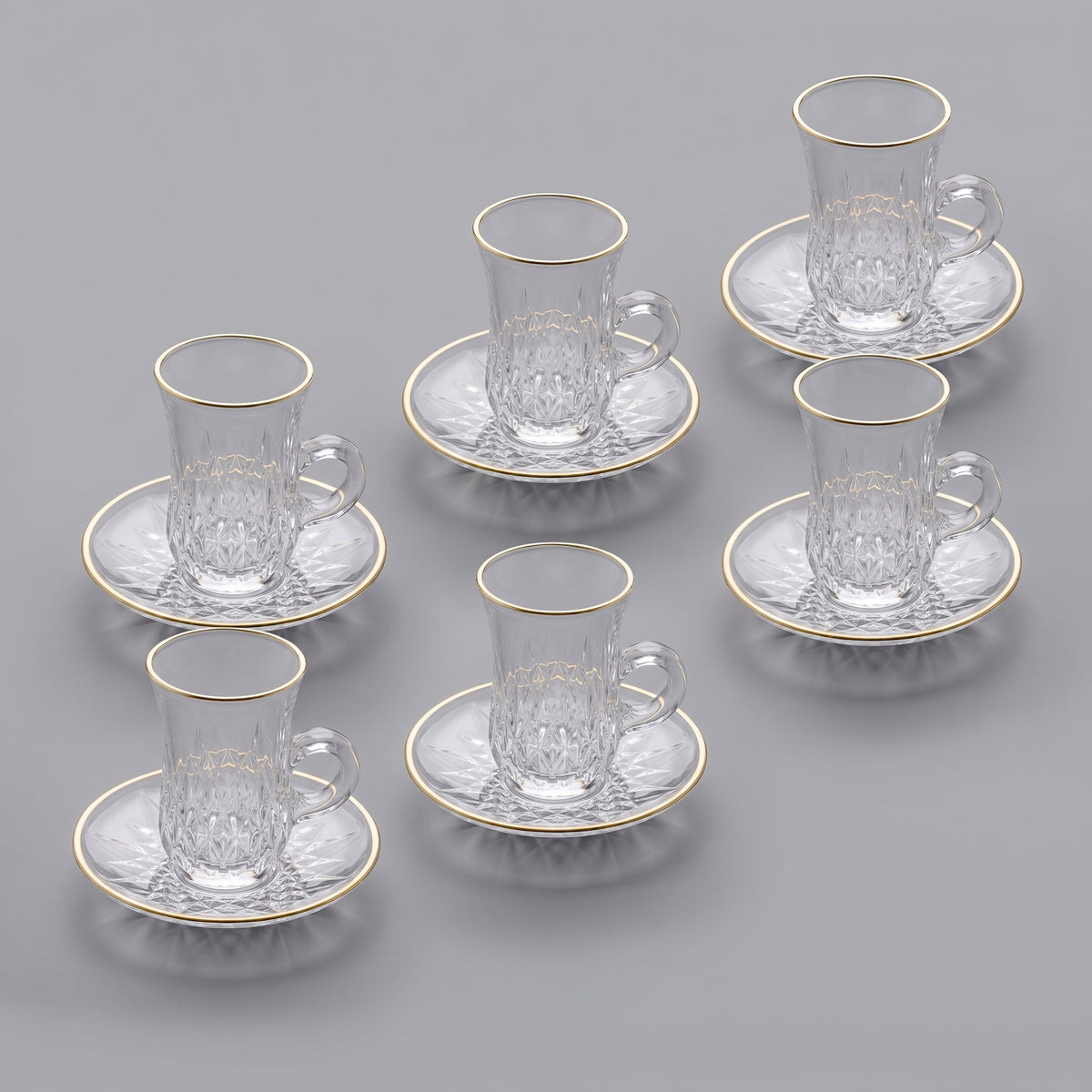 Glass tea cup and saucer + gold stroke, 6 pcs set - P1