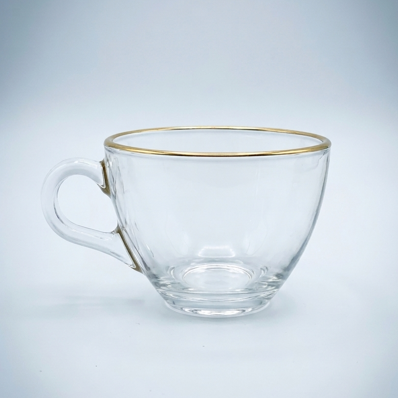 Wide Head Glass tea cup and saucer with gold stroke  200ml,  12 pcs set