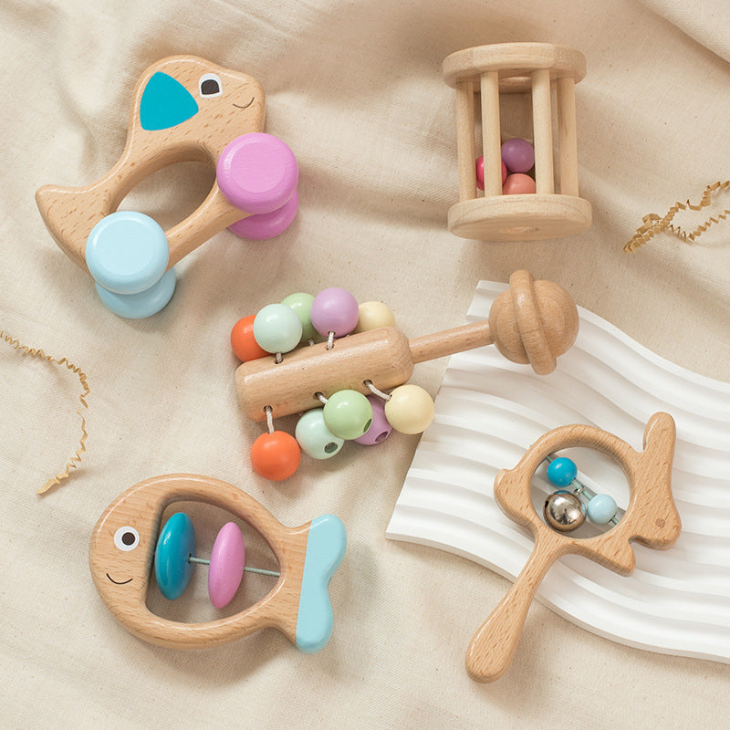 5 wood hand rings for babies bells colorful