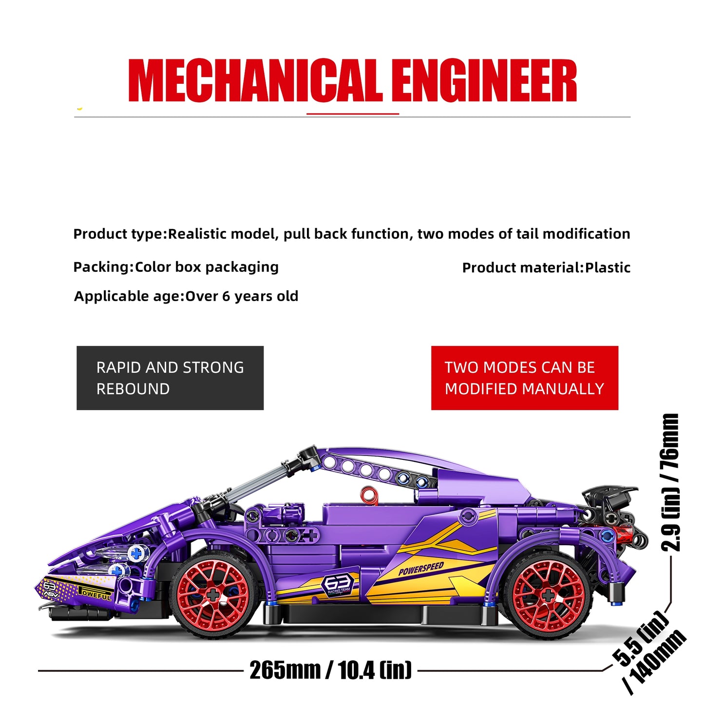 Purple racing Model Car DIY Building Blocks pull and go 550pcs