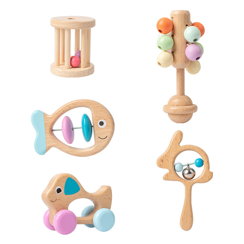 5 wood hand rings for babies bells colorful