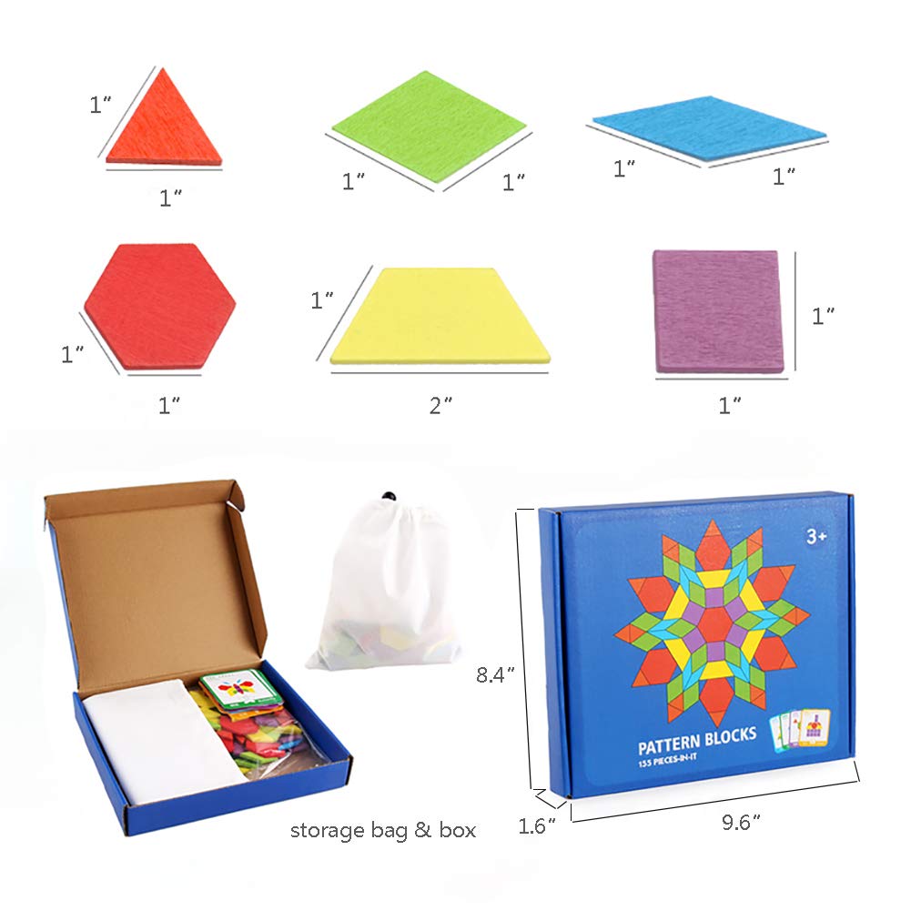 155 Pcs Wooden Pattern Blocks Set Geometric Shape Puzzle