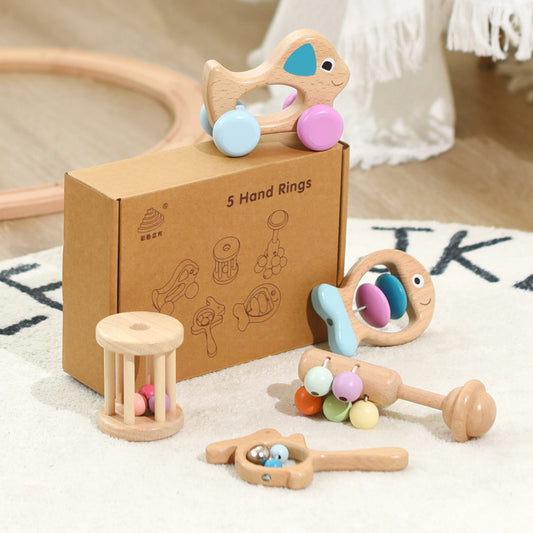 5 wood hand rings for babies bells colorful