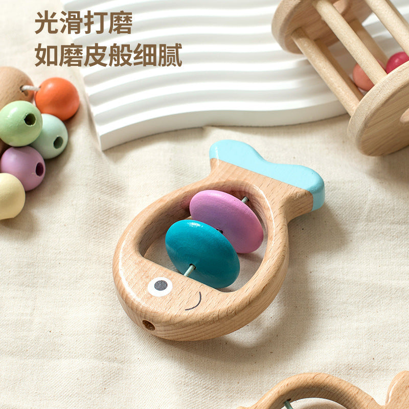5 wood hand rings for babies bells colorful