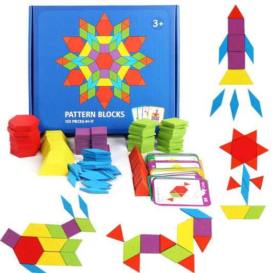155 Pcs Wooden Pattern Blocks Set Geometric Shape Puzzle