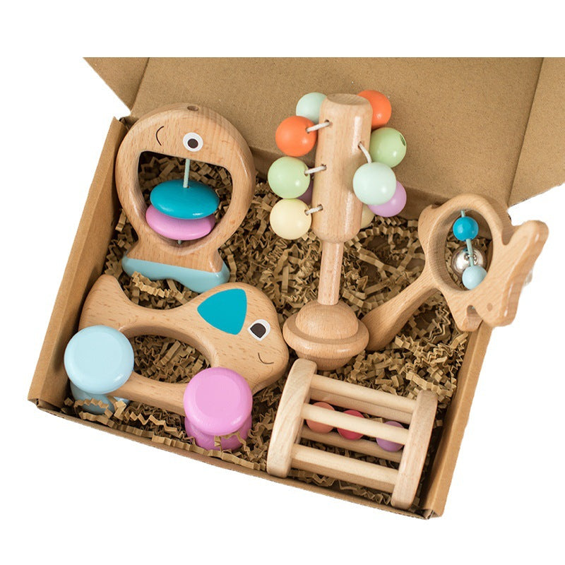 5 wood hand rings for babies bells colorful