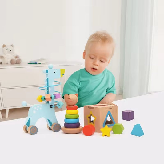 Blue Giraffe Beads with Matching Rainbow Stacking Set