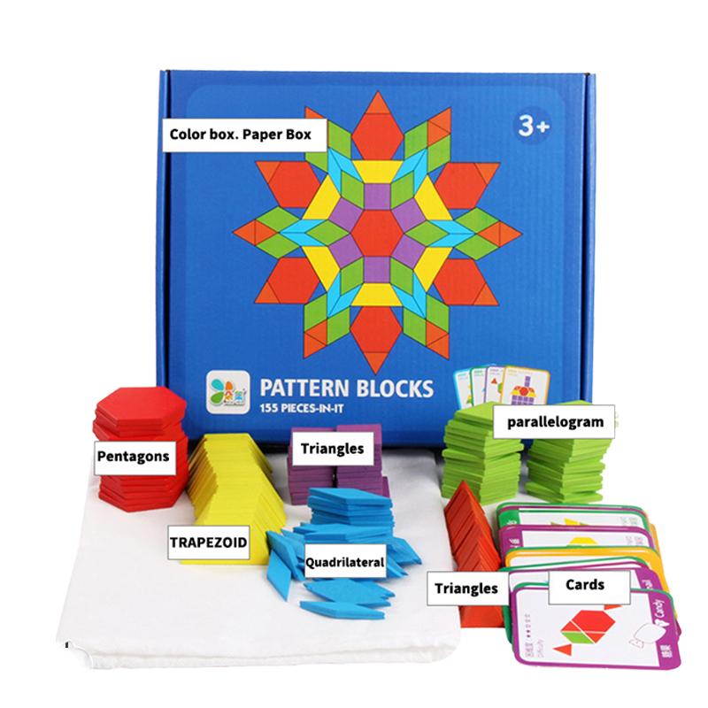 155 Pcs Wooden Pattern Blocks Set Geometric Shape Puzzle