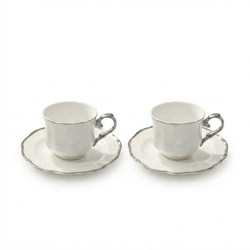 Elegant White Porcelain Coffee Cup Silver Trim P7
