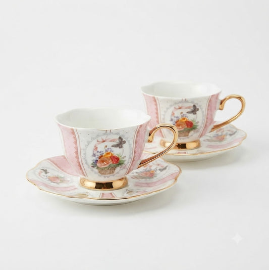 Pink Floral Basket & Gold Trim Coffee Cup 100 ml