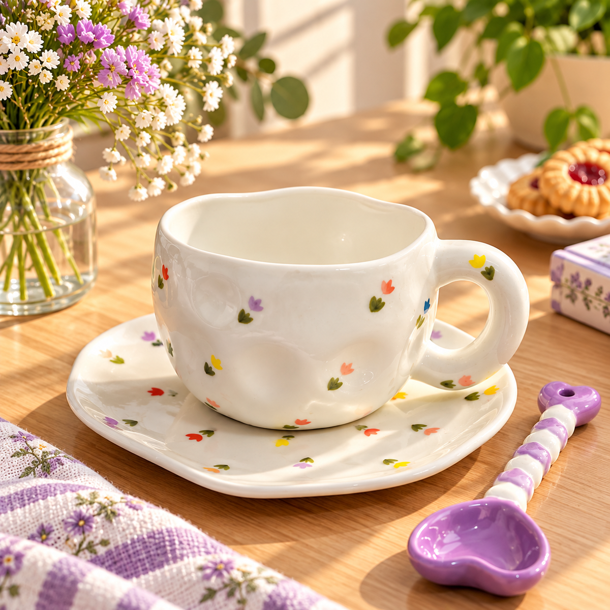 Handmade Ceramic cup and saucer 1 cup+1 saucer+1 spoon/Set