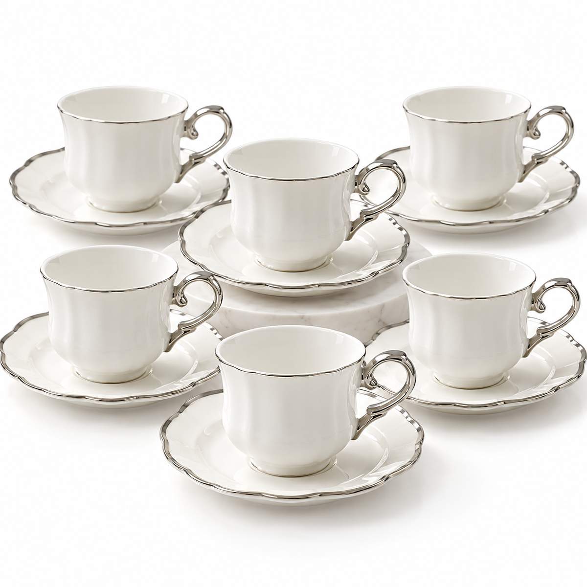 Elegant White Porcelain Coffee Cup Silver Trim P7